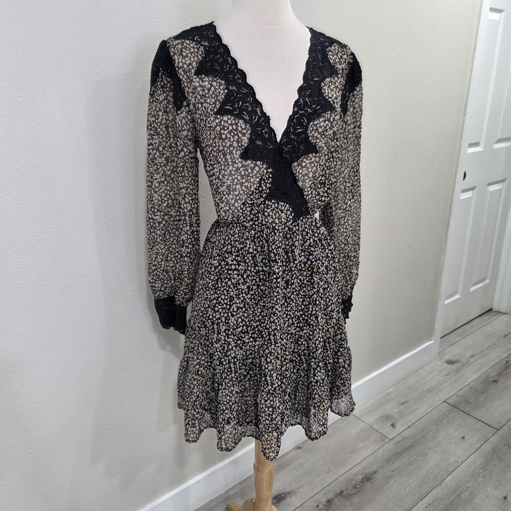 Topshop Black and Cream Floral Long Sleeve Dress
